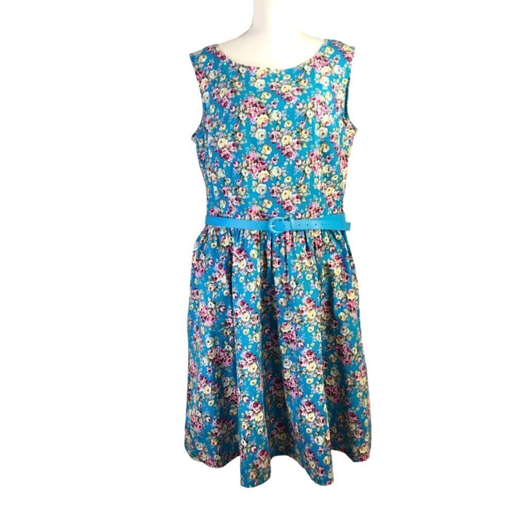 Lindy Bop Audrey Dress Sleeveless Full Skirt Size 18 Floral Print Pockets Lined
